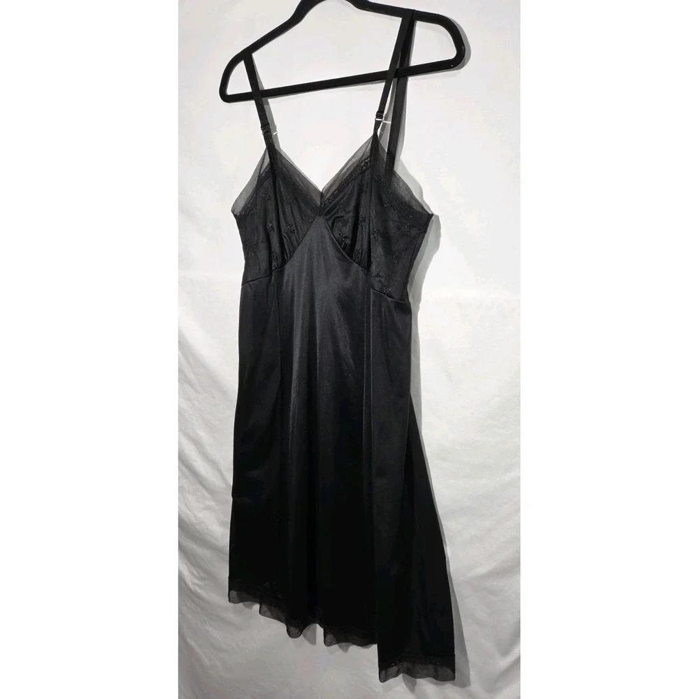 1960s Philmaid Full Slip Dress Womens‎ 38 Black Vintage Embroidered Mesh Trim